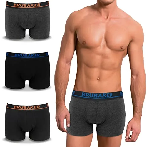 BRUBAKER Herren Retro Boxershorts - 4er Pack Retroshorts - Hipster Boxer Unterhose mit Bund Bequem & Atmungsaktiv ohne Eingriff - Männer Unterwäsche aus Baumwolle Schwarz Anthrazit Größe L