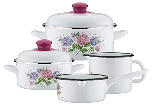 GSW 189972 Kochtopf-Set Hortensie 6-tlg - 6-teiliges Kochtopf-Set aus widerstandsfähigem Stahl-Emaille, ideal für Allergiker und für alle Herdarten, auch Induktion. Spülmaschinengeeignet und kratzfest - perfekt für moderne und traditionelle Küchen.