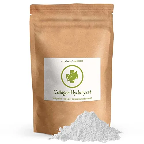 vitalundfitmit100 Collagen Hydrolysat Pulver 500 g, geschmacksneutral, Rinderkollagen Typ I II III, ohne Zusatzstoffe, glutenfrei, laktosefrei