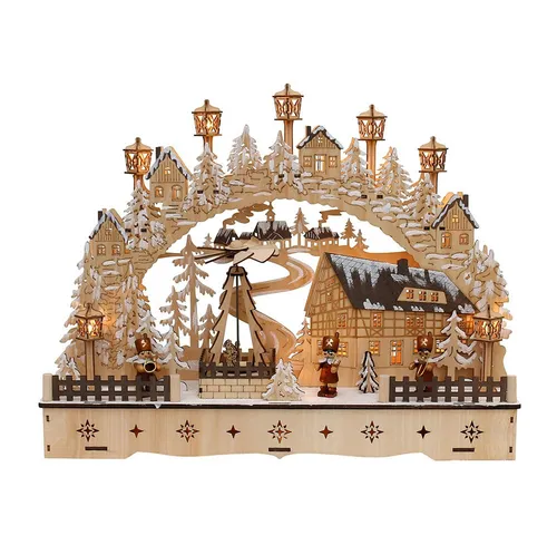 Dekohelden24 LED Schwibbogen LED Holz Schwibbogen mit bewegter Weihnachtspyramide Motiv: Bergmänner, L/B/H ca. 45 x 12 x 35 cm, für Batterie- oder Adapterbetrieb.