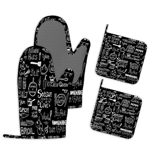 Ofenhandschuhe und Topflappen 4er Set mit Küchensprüchen Hitzebeständig Küchenhandschuhe Topfhandschuhe Silikon rutschfest Kochhandschuhe Backofen Handschuhe zum Grillen und Backen