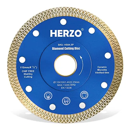 HERZO Diamanttrennscheiben 115mm x 22,23 mm, Fliesenscheibe, Trocken/Nass Diamant-Trennscheibe 115mm für Fliesen, Feinsteinzeug, Porzellan und Keramik