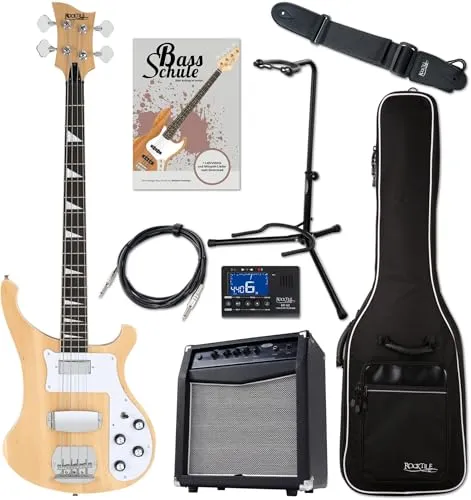 Rocktile Pro RB-400N Lumberjack E-Bass Super Set - 4-Saiter Longscale E-Bass - Inklusive Amp, Gigbag, Tuner, Gurt, Ständer, Kabel und Schule - natur
