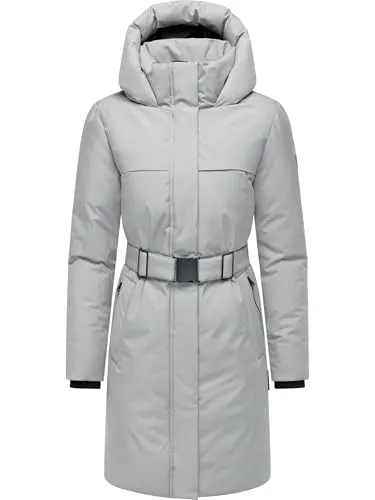 Navahoo Damen Wintermantel warmer Parka Gipfelspass XIV Grey Gr. XS - Stilvoller Parka für kalte Tage mit tailliertem Schnitt und Gürtel. Das wind- und wasserabweisende Material sorgt für angenehmen Schutz, während das weiche Futter für Wärme sorgt. Praktische Taschen und ein 2-Wege-Reißverschluss ergänzen das Design.