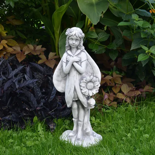 Gartenfigur Elfe mit Sonnenblume, H. 48 cm - Figuren für den Garten, frostbeständig und bringt magischen Charme in jeden Außenbereich.