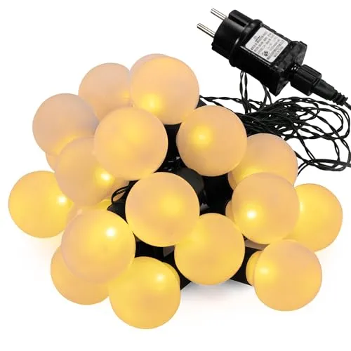 Nipach GmbH LED Partylichterkette Partybeleuchtung Lichterkette Weihnachten Hochzeit – 20 Leuchtkugeln Trafo grünes Kabel – innen & außen – warm-weiß