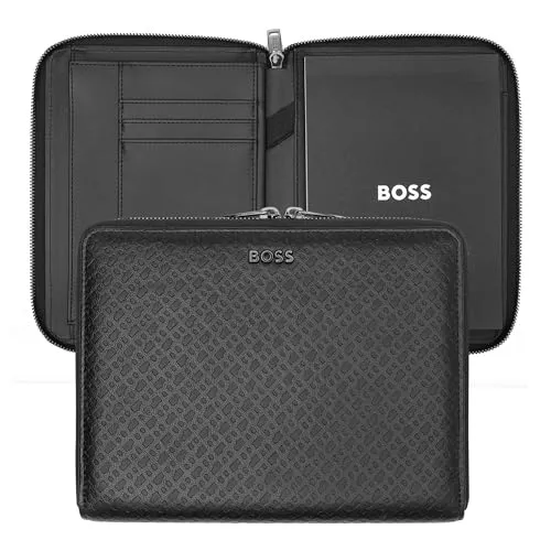 Hugo Boss A5 Konferenzmappe Monogram Zipped Black - Elegante Schreibmappe aus hochwertigem Leder, perfekt für Meetings und geschäftliche Anlässe, mit praktischem Reißverschluss für sicheren Transport.