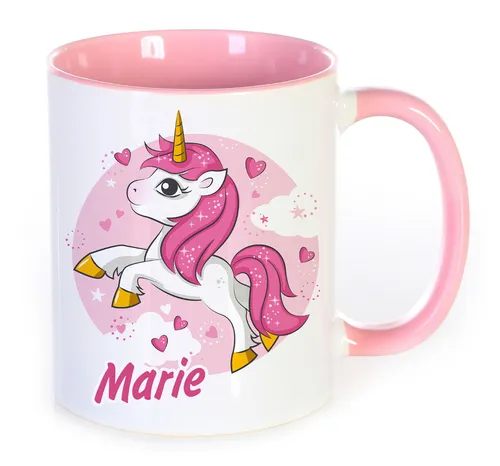 Einhorn Tasse mit Name, Namensbecher Mädchen Geburtstag rosa