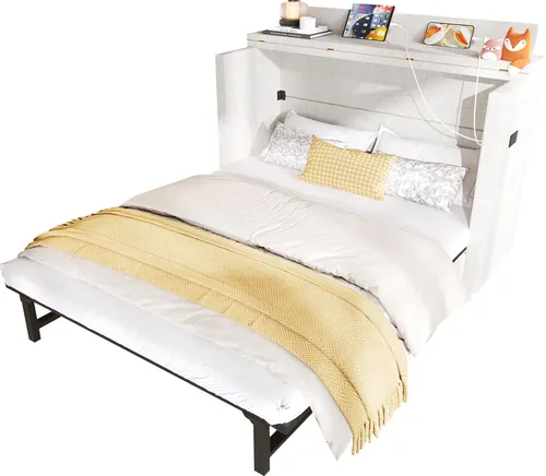 SOFTWEARY Schrankbett mit Steckdose und Schubladen, platzsparend, Leinen (beige, 140x200 cm) - Praktisches Wandklappbett mit Lattenrost und Schublade für optimale Raumnutzung. Horizontal klappbar, aus robustem MDF mit Leinenbezug. Ideal als Gästebett, einfach zu montieren.