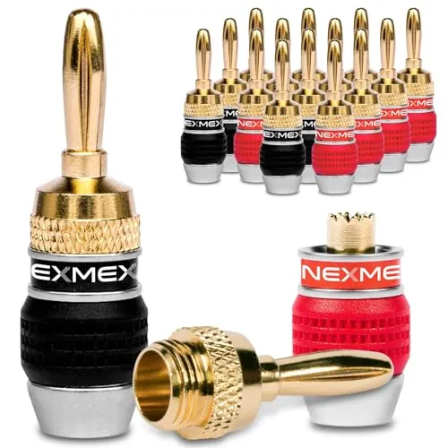 Bananenstecker 24K vergoldet Steckverbinder 16 Stück (8-Paar) High End Stecker für Kabel bis 6mm² löt- oder schraubbar Markierung in schwarz und rot 12 AWG - 18 AWG