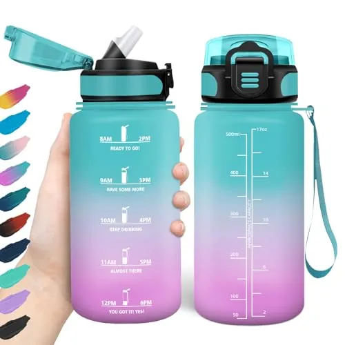 HoneyHolly Trinkflasche Sport 500ml, Auslaufsicher, Wasserflasche BPA-Frei, Motivierende mit Zeitmarkierung, Trinkflasche mit Strohhalm, Sportflasche, für Kinder, Schule, Fahrrad