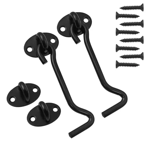 BuxiuGK 2 Stücke Sturmhaken 4 Zoll Kabinenhaken Edelstahl mit 8 Stücke Montage Schrauben für Türen Garagentor Fenster,Schwarz