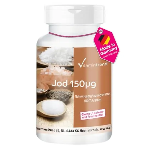 Vitamintrend Jod 150 µg, 180 Tabletten, schluckfreundlich, Nahrungsergänzungsmittel vegan ohne Magnesiumstearat, in Deutschland hergestellt