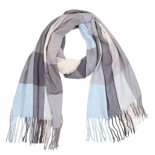 MIRROSI Modeschal weicher und warmer karierter Schal mit Fransen, 70x180cm (Hellblau)