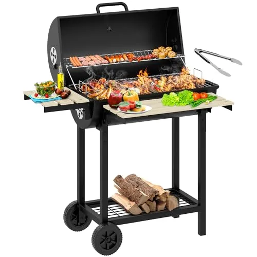 YITAHOME L Holzkohlegrill BBQ Smoker Grillwagen mit Höhenverstellbare Kohlenstoffpfanne & Thermometer, Standgrill für Party, Camping, Garten, inkl. Küchenzange
