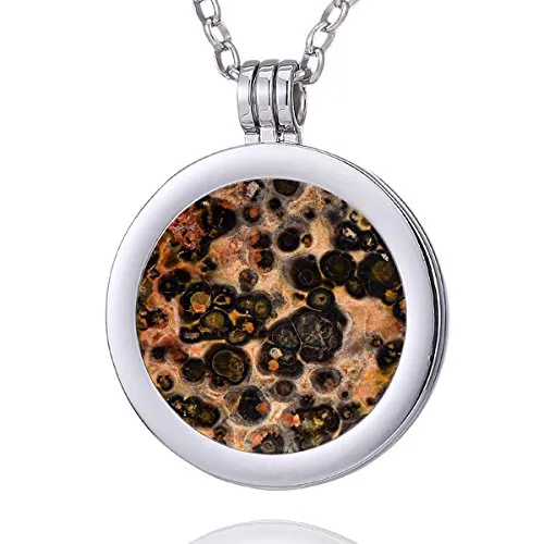 Morella Damen Halskette 70 cm Edelstahl und Anhänger mit Edelstein Leopardenjaspis Coin 33 mm Chakren Scheibe in Schmuckbeutel