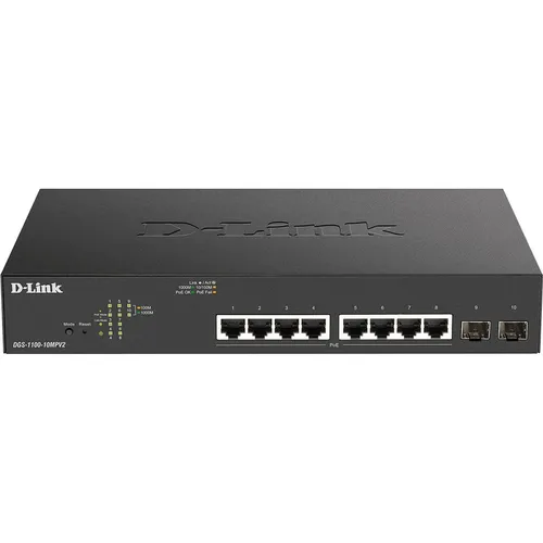 D-LINK D111MPV2E - 10-Port Gigabit PoE Switch - Netzwerk-Switch mit 10 Ports, bietet Power-over-Ethernet für flexible Installation und ist ideal für kleine und mittlere Unternehmen dank geräuschloser, lüfterloser Bauweise.