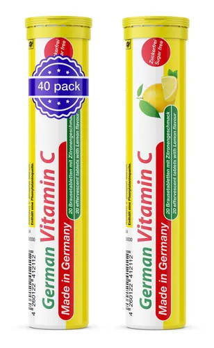 German Vitamin C Brausetabletten 2x20 Stk. – Zitronengeschmack – 180 mg Vitamin C Zuckerfrei – T&D Pharma – Germany