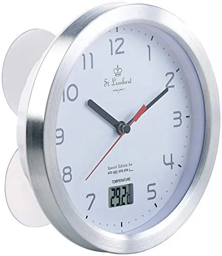 St. Leonhard Baduhr: Badezimmer-Wanduhr mit LCD-Thermometer und Aluminium-Rahmen, IPX4 (Uhr fürs Bad, Badwanduhr, wasserdicht)