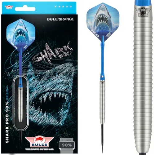 Bull's Shark Pro Original 90% Tungsten Darts - 22g - Gerades Barrel, Shark Grip - Inkl. Flights, Shafts, 35mm Stahlspitzen