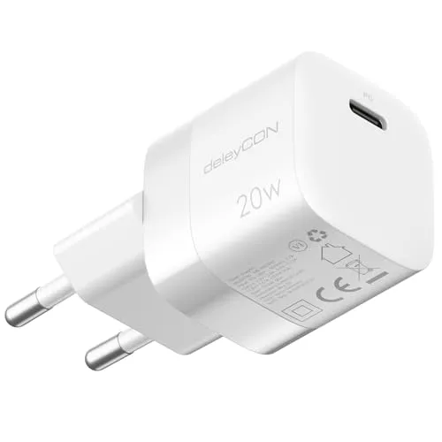 deleyCON USB C Ladegerät (Kompaktes Schnellladegerät) USB-C Netzteil für iPhone 17, 16, 15, Pro, Pro Max, iPad, AirPods 4, Airpods Max, Watch, Galaxy S25/S24, Pixel, Handy, PD 3.0 Charger - Weiß