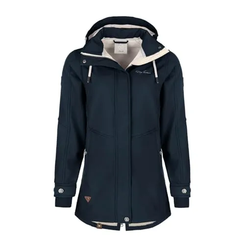 Dry Fashion Damen Softshell-Mantel Wien mit wattiertem Fleece-Innenfutter - Softshelljacke mit abnehmbarer Kapuze in Navy Größe 38