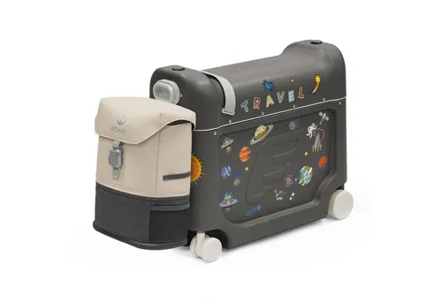 JETKIDSTM BY STOKKE® Aufsitzkoffer BedBoxTM mit Crew BackPackTM - Midnight Grey - Koffer für Familienreisen, bietet Stauraum und bequeme Sitzverlängerung für Kinder im Flugzeug oder Zug.