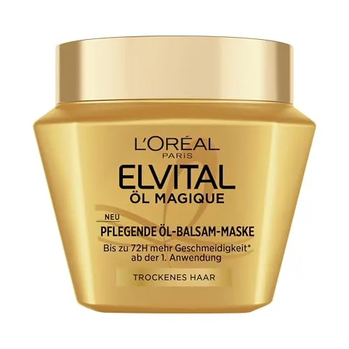 L'Oréal Paris Elvital Öl Magique Pflegende Öl-Balsam Maske, Formel mit kostbarem Kamelien-Öl, bis zu 72H mehr Geschmeidigkeit ab der 1. Anwendung, für trockenes Haar, ohne Rückstände, 1x300ml