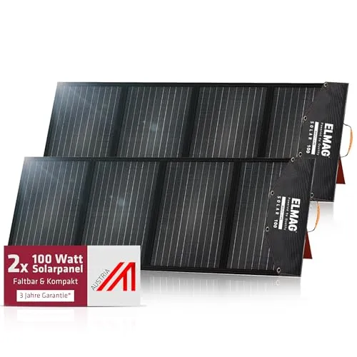 ELMAG Faltbares Solarpanel SOLAR 100 DUO – 2 Stück monokristalline 100W Solarmodule für tragbare Powerstations – 18V DC Solarpanele mit integrierten Stützfüßen – Ideal für Outdoor, Camping & Wohnmobil