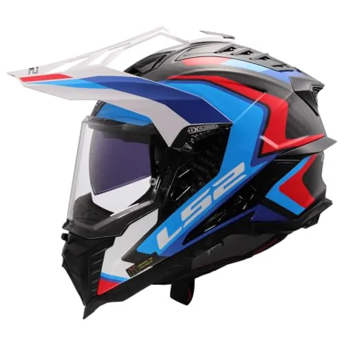 LS2 MX701 Explorer Carbon Frontier II - Endurohelm in Schwarz/Blau/Weiß/Rot - XXL - Motorradhelm aus hochwertiger Carbonfaser für maximale Sicherheit und Leichtigkeit. Mit hervorragender Belüftung und Notfall-Release-System für sicheren Komfort bei jedem Abenteuer.