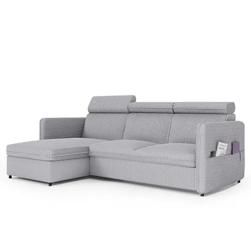 GREKPOL Sofa mit Schlaffunktion 160x220 - Hellgrau - Sofas & Couches: Multifunktionales Schlafsofa mit Bettkasten, verstellbaren Kopfstützen und Platz für drei Personen – ideal für Gäste und gemütliche Abende.