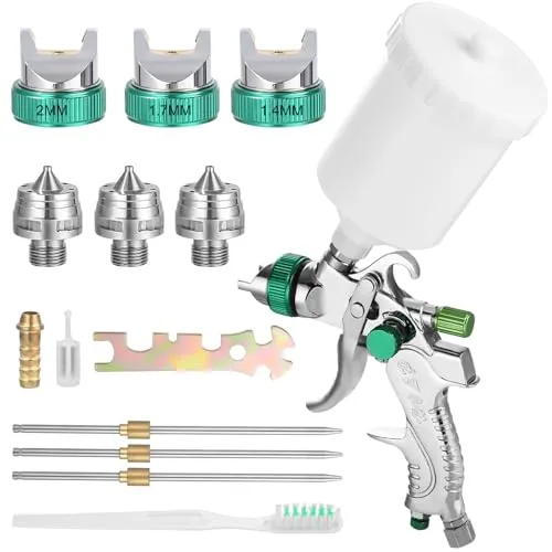 FAOKZE HVLP-Spritzpistole,Spritzpistole-Kit, Lackierpistole Spritzpistole mit 3 Düsen 1,4mm 1,7mm 2,0mm und 600 CC Plastikbecher, Profi Farbsprühsystem Spraypistole für Zäune Decken Wandmalerei