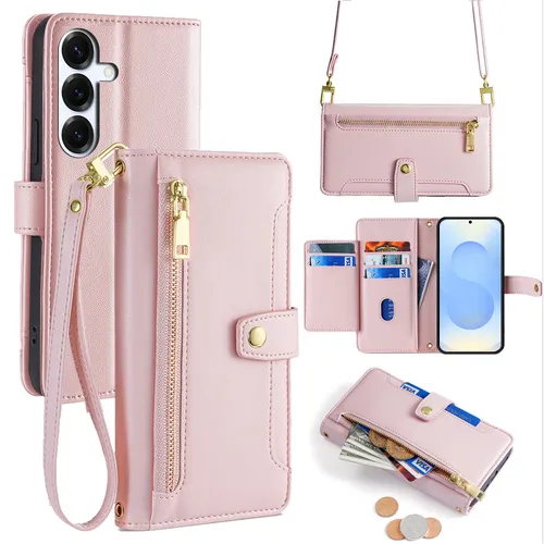 Handykette Samsung Hülle mit Band PU Leder Umhängetasche Galaxy S25 in Rosa