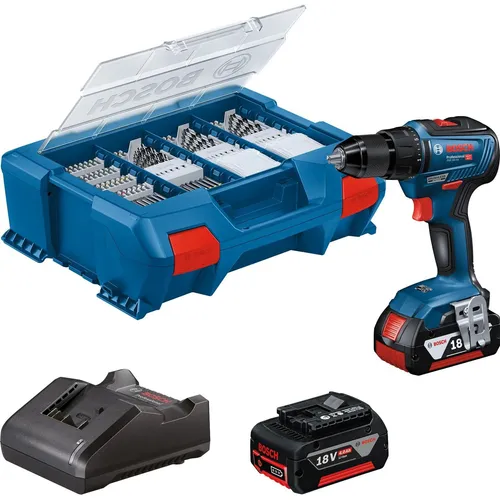 Bosch Professional 18V System Akku Bohrschrauber GSR 18V-55 - max. Drehmoment 55 Nm, inkl. 2x 4.0Ah Akku und 82-teiligem Zubehör-Set für effizientes Arbeiten in Holz und Metall