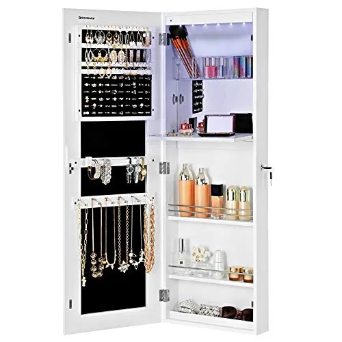 SONGMICS Schmuckschrank mit Spiegel, Hängeschrank, Ganzkörperspiegel | Schmuckaufbewahrung für Ketten, Ohrringe, abschließbarer Spiegelschrank, Geschenkidee, Weiß, BERIT Kollektion JBC63WV1