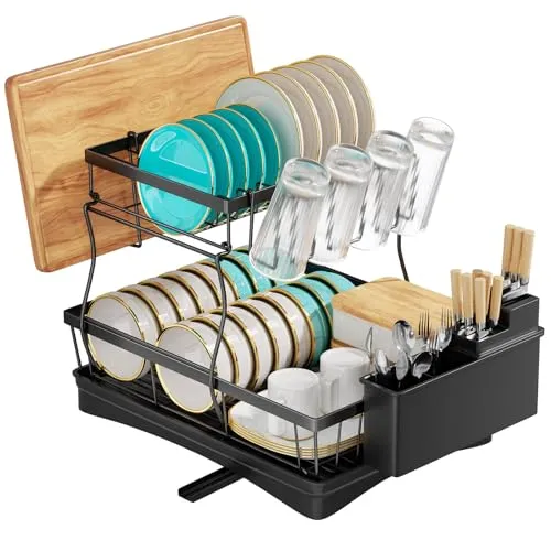 TidyIsles Abtropfgestell – 2 Etagen, platzsparendes Geschirrgestell mit Utensilienhalter, Geschirrabtropfgestell für Küchentheke, Spülbecken-Abtropfgestell mit Abtropffläche, Schwarz