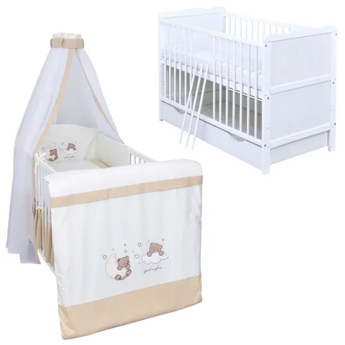 Baby-Delux Babybett Jack 140×70 in Weiß mit Schublade und Bettwäsche-Set