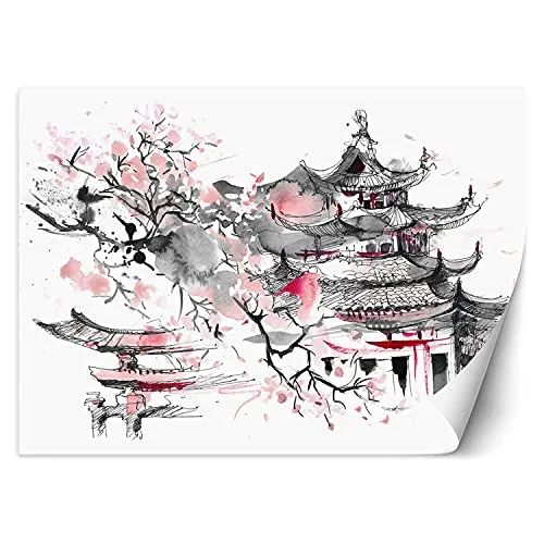 Feeby Fototapete Moderne Wanddeko Wandbild Japan Aquarell 350x245 cm Rosa Wandtapete Design Kinderzimmer Küche Büro Flur Wohnzimmer Pagode Kirschblüte