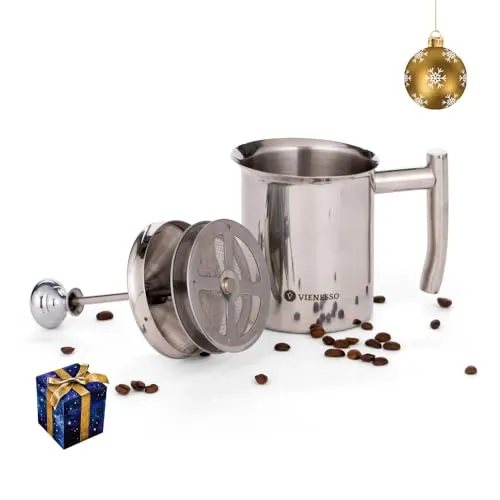VIENESSO Milchaufschäumer manuell aus Edelstahl I Hand Milchschäumer mit Doppel-Mesh-Sieb für cremigen Milchschaum I 400 ml Milk Frother für Cappuccino & Latte – spülmaschinenfest inkl. Barista E-Book