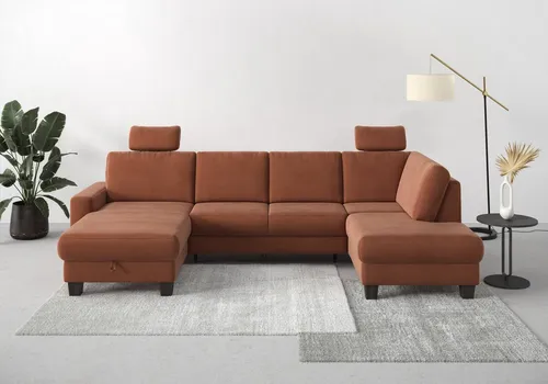 Home affaire Wohnlandschaft Summer U-Form, mit oder ohne Bettfunktion und Bettkasten, wengefarbene Holzfüße