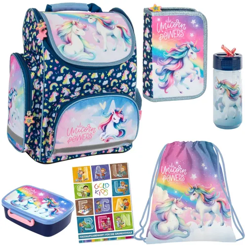Einhorn Schulranzen für Jungen und Mädchen - 6er-Set - Schulrucksack im bunten Einhorn-Design, ideal für Kinder, robust und geräumig für alle Schulsachen.