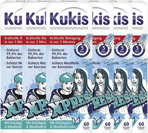 Kukident Kukis Zahnspangenreiniger (6 x 60 St) Reinigungstabletten (Spar-Pack, [360-St. Entfernt 99,9% der Bakterien - mit Eukalyptus- & Mentholfrische)