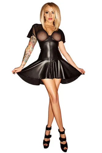 Noir Handmade Minikleid Schwarzes Damen Dessous Chemise erotisches wetlook Kleid mit Reißversc