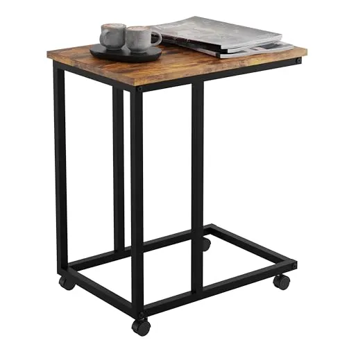 Lenmar, ST1, Beistelltisch, Sofatisch mit Rollen, Couchtisch, C-Form, mobiler Kaffeetisch, 35 x 50 x 60 cm, Wohnzimmertisch mit Metallgestell, vintagebraun-schwarz, Sofatisch aus Holzwerkstoff Metall