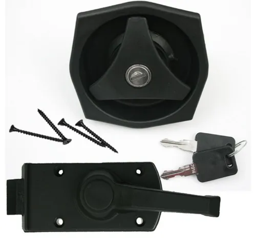 Schwarz Türschloss für Wohnwagen & Boot mit FF-System - Hochwertiges Türschloss für Wohnmobile und Caravans, witterungsbeständig und mit Sicherheitsinnengriff. Ideal für Türdicken von 31 bis 44 mm, inklusive zwei Schlüsseln.