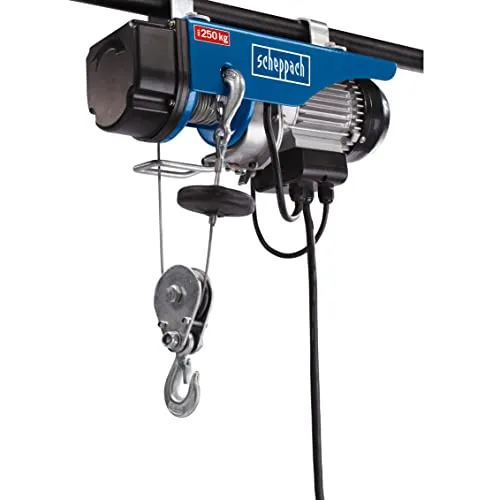 Scheppach HRS250 elektrischer Seilzug - Elektrisches Hebezeug mit max. Tragkraft von 250 kg, ideal für schwere Lasten. Inklusive Not-Aus-Schalter und 2 Befestigungsbügel für einfache Montage.