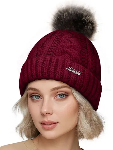 Neverless Bommelmütze Damen Strick-Mütze gefüttert Fell-Bommel Kunstfell Winter-Mütze