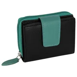 Kleine RFID Damen Geldbörse Kompakt Portemonnaie Mini Damenbörse Echt Leder SCHWARZ-TÜRKIS
