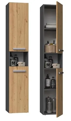BDW - Badezimmer Schrank Hochschrank - Hoher Badschrank 174 x 31 x 30 cm - Mit Türen und offenem Fachboden, Türöffnungsseite wählbar - Anthrazit/Eiche Artisan