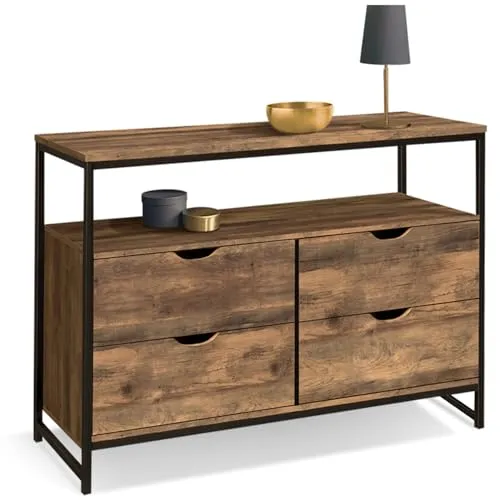 IDMarket - Kommode mit 4 Schubladen Hawkins 110 cm Dunkles Holz Industriedesign mit Regal